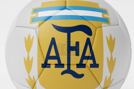 Téléchargez les photos : LONDRES, Royaume-Uni - Juillet 2023 : Insigne du logo de l'équipe nationale de football argentine sur un ballon de football. Rendu 3D. - en image libre de droit