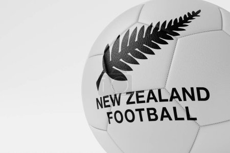 Foto de LONDRES, Reino Unido - Julio de 2023: Insignia del equipo nacional de fútbol de Nueva Zelanda en una pelota de fútbol. Renderizado 3D. - Imagen libre de derechos