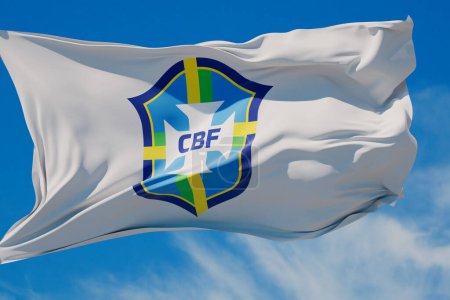 Photo for LONDON, UK - July 2023: Brazil national football team logo badge on a flying flag. 3D Rendering. - Royalty Free Image