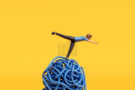 Foto de Un hombre se paró en una bola de cuerda enredada. Superar el estrés y la salud mental. Renderizado 3D. - Imagen libre de derechos