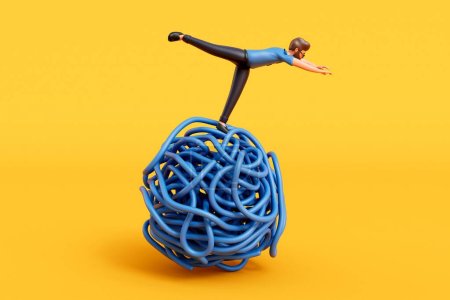 Photo for A man stood on a tangled ball of string. Overcoming stress and mental health. 3D Rendering. - Royalty Free Image
