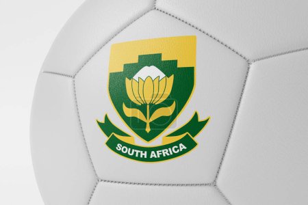 Téléchargez les photos : LONDRES, Royaume-Uni - Juillet 2023 : Gros plan du logo de l "équipe nationale de football sud-africaine sur un ballon de football. Rendu 3D. - en image libre de droit
