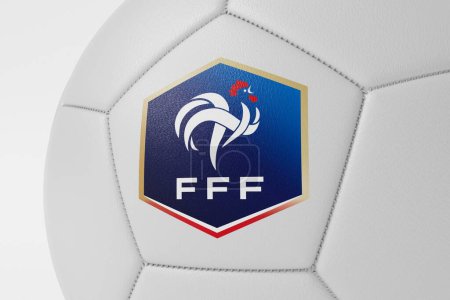 Foto de LONDRES, Reino Unido - julio de 2023: Primer plano del logotipo de la selección de fútbol de Francia en una pelota de fútbol. Renderizado 3D. - Imagen libre de derechos