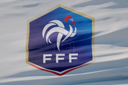 Photo for LONDON, UK - July 2023: France national football team logo badge on a flying flag. 3D Rendering. - Royalty Free Image