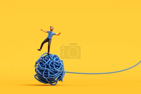 Téléchargez les photos : Un homme se tenait sur une boule de ficelle enchevêtrée. Surmonter le stress et la santé mentale. Rendu 3D. - en image libre de droit