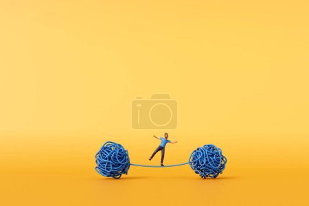 Foto de Un hombre se paró en una bola de cuerda enredada. Superar el estrés y la salud mental. Renderizado 3D. - Imagen libre de derechos