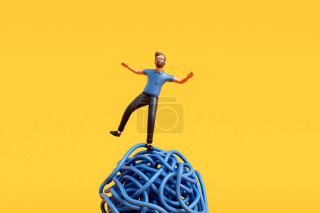 Téléchargez les photos : Un homme se tenait sur une boule de ficelle enchevêtrée. Surmonter le stress et la santé mentale. Rendu 3D. - en image libre de droit