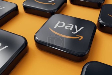 Téléchargez les photos : LONDRES, Royaume-Uni - Avril 2024 : Amazon payer en ligne paiement partage fournisseur de services logo de l'entreprise. Rendu 3D. - en image libre de droit