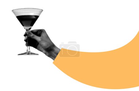 Illustration for A hand holding a celebration drink. modern halftone collage design element. - Royalty Free Image