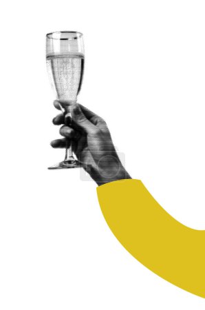Illustration for A hand holding a celebration drink. modern halftone collage design element. - Royalty Free Image