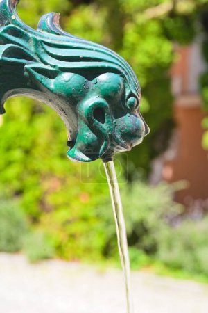 Photo for Water flows from green gargoyle - close up decorative cast iron faucet - Royalty Free Image