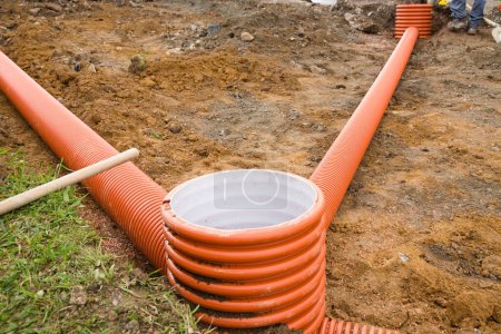 Sewer construction for sewage system - plastic pipes for lines, close-up
