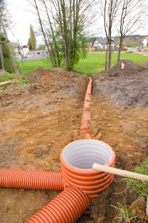 Sewer pipelines for wastewater - plastic pipes pipe system, close-up