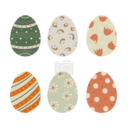 Illustration for Set of cute decorated Easter eggs isolated on white background. Collection of symbols of religious holiday covered with different patterns - dots, flowers, stripes. Holiday vector flat illustration - Royalty Free Image
