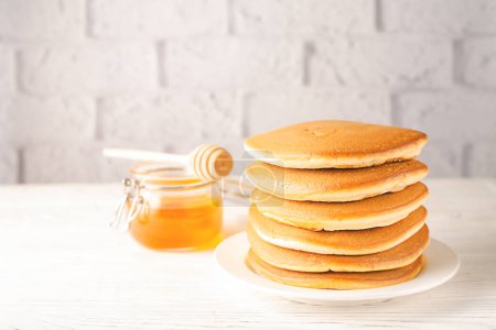 Healthy morning breakfast. Homemade American pancakes.