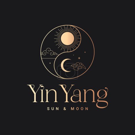 Ilustración de Yin Yang redondo logo sol y luna sobre fondo negro 10 eps - Imagen libre de derechos
