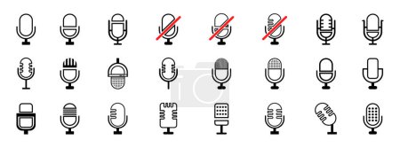 Illustration for Mic flat line icons set. Podcast mike, journalist microphone, karaoke, conference, windscreen, retro radio vector illustration. Vector illustration - Royalty Free Image