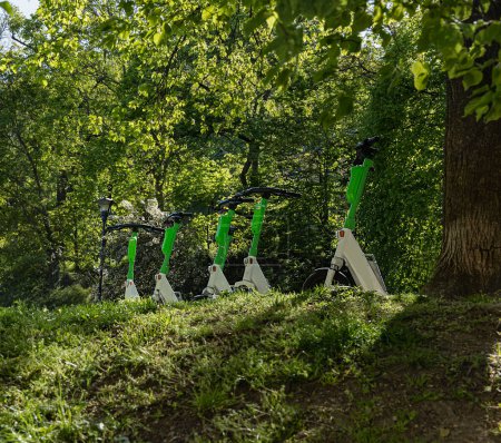 Foto de Vista inferior de cinco scooters eléctricos verdes en un parque en una colina verde. Transporte eléctrico móvil en la ciudad. - Imagen libre de derechos
