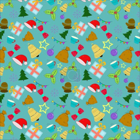 Illustration for Seamless pattern of dark goldenrod color bag, red santa cap,imperial red bow,Lincoln green tree,salmon color gift box,arylide yellow bell and stars on verdigris background. Christmas theme textile art - Royalty Free Image