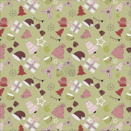 Illustration for Seamless pattern of rosy brown gift bag, rose ebony santa cap, bow, middle red purple xmas tree, pale pink bell, leafs, gift box, snow color stars, dark khaki color cup and ball on sage background. - Royalty Free Image