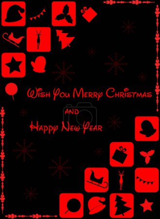 Illustration for Vector of Merry Christmas and Happy New Year greeting card. red and black gift box, xmas tree, hand glows, reindeer, wooden cart, leaves, candy creatively arranged on square boxes on black background. - Royalty Free Image