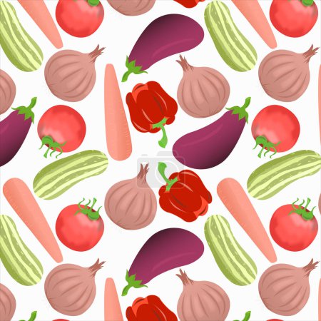 Illustration for Seamless pattern of rosso corsa color capsicum, middle green yellow cucumber, vivid tangerine color carrot, orange red crayola tomato, pastel pink onion, magenta eggplant on white background. - Royalty Free Image