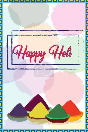 Illustration for Vector of Happy Holi greeting card. tyrian purple, spring green, chili red,citrine, english Violet colors kept in bowl , amaranth color happy holi text with blue border. Holi festival celebration. - Royalty Free Image