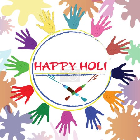 Illustration for Vector illustration of holi festivals greeting card.Red color happy holi text written in the middle, blue and yellow color lines and colorful palm, water gun decorated around it on white background. - Royalty Free Image