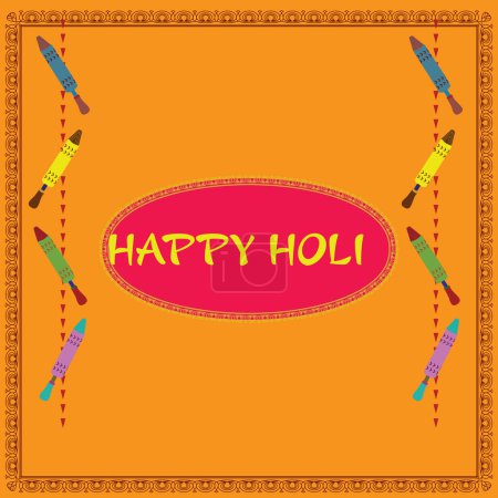 Illustration for Illustration of Hoil festival greeting card.sky magenta, asparagus, aureolin, cerulean color designer water gun or pichkari decorated on carrot ornage background.Happy Holi text written n the middle. - Royalty Free Image