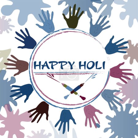 Illustration for Vector illustration of holi festivals greeting card.blue color happy holi text written in the middle, blue and pink color lines and colorful palm, water gun decorated around it on white background. - Royalty Free Image