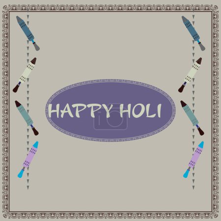 Illustration for Illustration of Holi festival greeting card. lilac, Cambridge blue, ash Gray, Payne's Gray colour designer water gun or pichakaree decorated on ash Gray background.  Happy Holi text written n the middle. - Royalty Free Image