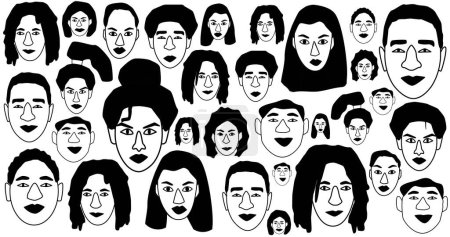 Black History Month concept. Portraits of abstract people on white background. 4k resolution different people faces illustration.