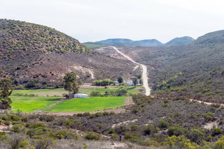 Foto de Looking back from the southern start of the Rooiberg Pass between Van Wyksdorp and Calitzdorp in the Western Cape Province. Farm buildings are visible - Imagen libre de derechos