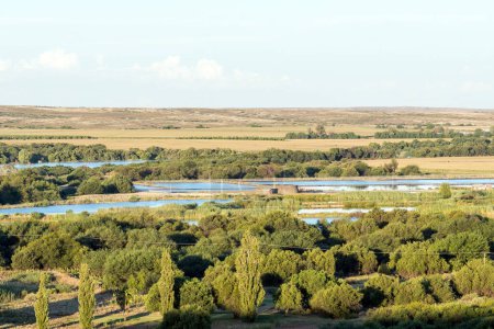 Téléchargez les photos : L'usine de traitement des eaux usées de Prieska vue de la réserve naturelle de Koppie. La rivière Orange inondée est visible - en image libre de droit
