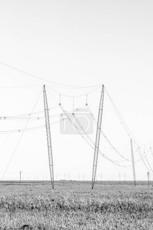 Foto de Una ruta de transmisión de energía con torres de suspensión de cuerda cruzada cerca de Jagersfontein en la provincia de Free State. Monocromo - Imagen libre de derechos