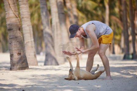 Foto de Hombre jugando con perro feliz en hermosa playa de arena bajo palmeras - Imagen libre de derechos