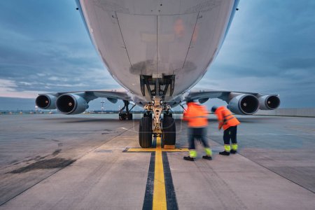 Photo for Low angle view of freight airplane. Ground staff at airport. Preparation cargo plane before flight during sunny day - Royalty Free Image