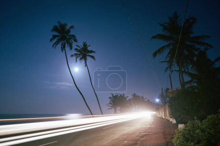 Téléchargez les photos : Sentier lumineux de la voiture sur la route côtière à pleine lune nuit. Bord de mer avec des palmiers en Sri Lanka - en image libre de droit
