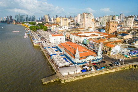 Aerial View of Popular Market Ver o Peso by the River and Belem City Behind
