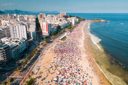 Crowded Ipanema and Arpoador Beach on Clear Sunny Summer Day, Rio de Janeiro, Brazil