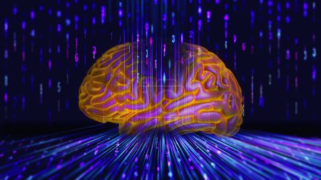 Foto de Red neuronal que entrena el cerebro humano usando una inteligencia artificial. Tecnología de aprendizaje automático cerebro electrónico concepto futurista 3D. - Imagen libre de derechos