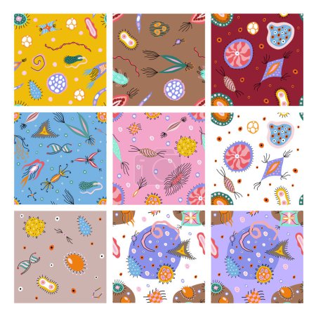 Illustration for Colorful medical seamless patterns set with cute doodle bacteria, microbes - Royalty Free Image