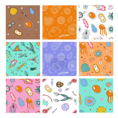 Illustration for Colorful medical seamless pattern with cute doodle bacteria, microbes and DNA on grey background - Royalty Free Image