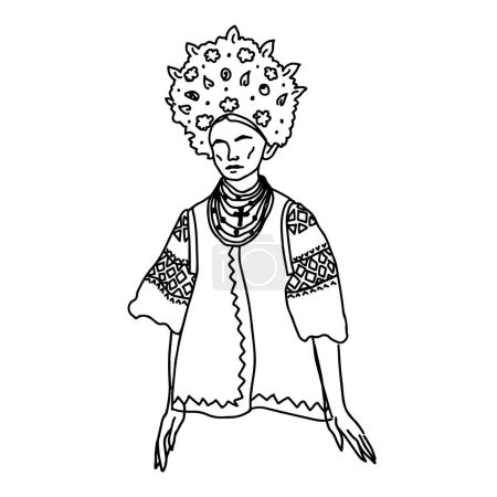 Illustration for Vector illustration of Ukrainian hutsul woman wearing traditional folk costume. Line art Slavic woman character - Royalty Free Image