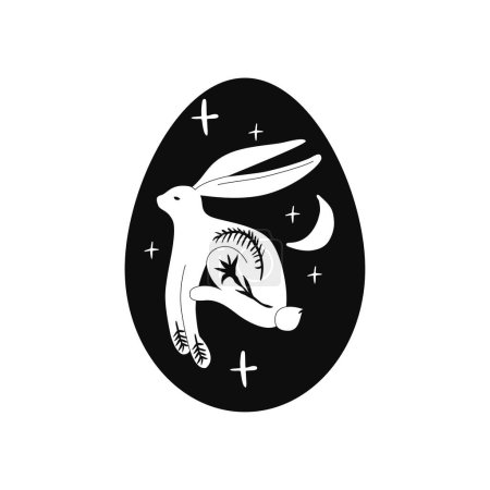 Black Linocut with Rabbit on Easter Egg. Vector illustration
