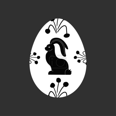 Black Linocut with Easter Bunny in egg shape. Vector illustration