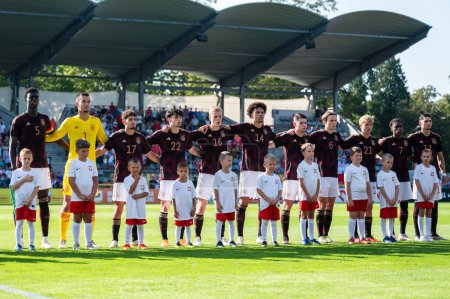 Photo for LEGNICA, POLAND - SEPTEMBER 11, 2023: Friendly football match under 20 Elite League Poland vs Germany 1:1. Team of Germany before the match. - Royalty Free Image
