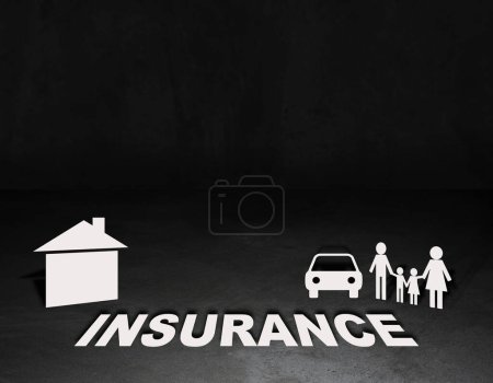 Foto de Concepto de seguro, vida de seguridad, familia, casa y coche sobre fondo oscuro - Imagen libre de derechos