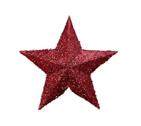 Foto de Estrella roja aislada decora la parte superior de un pino para Navidad o Año Nuevo aislado sobre fondo blanco y tiene recorte caminos. - Imagen libre de derechos