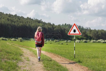 Mujer excursionista caminando más allá de la garrapata Área infectada con señal de peligro. Riesgo de enfermedad transmitida por garrapatas y Lyme.